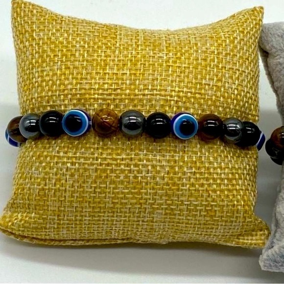 Handmade Tiger eye, obsidian, hematite stones stretch unisex  bracelet. New - Picture 1 of 5